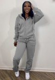 Grey Long Sleeves Drawstring Hoody Top and Pants 2PCS Tracksuit