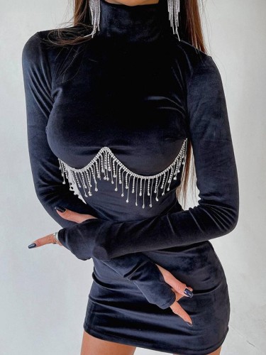 Black Velvet Fringe High Neck Long Sleeve Mini Dress