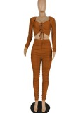 Brown Lace Up Long Sleeves Crop Top and High Waist Ruched Pant 2PCS Set