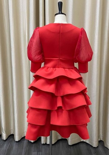 Red Half Puff Sleeve Ruffled Long Layered Dress