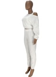 White Fleece Shoulder-exposed Long Sleeve Top And Pant 2PCS Set
