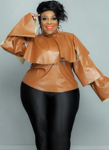 Plus Size Orange Pu Leather High Neck Flounce Long Sleeve Shirt