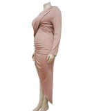 Plus Size Pink V-Neck Long Sleeve Wrap Irregular Long Dress