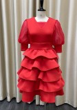 Red Half Puff Sleeve Ruffled Long Layered Dress