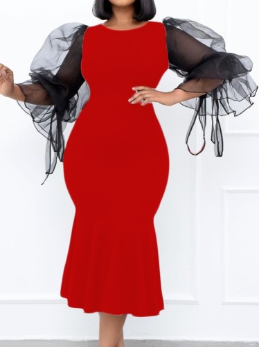 Plus Size Red Mesh Puff Sleeve O-Neck Tight Long Mermaid Dress