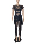 Black Mesh See Through Short Sleeve Crop Top And Slim Pants 2PCS Sets