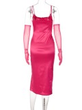 Rose Silk Cami Slit Tight Long Dress with Mesh Long Glove
