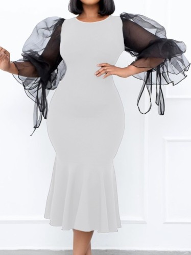 Plus Size White Mesh Puff Sleeve O-Neck Tight Long Mermaid Dress