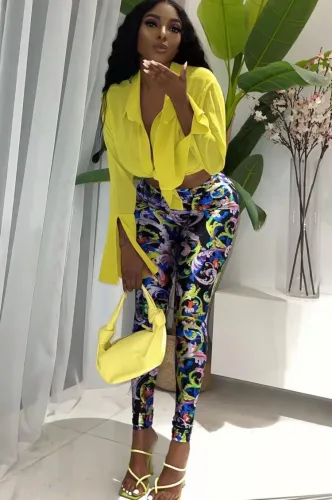Yellow Long Sleeve Crop Top And Print High Waist Pant 2PCS Sets