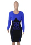 Blue and Black Contrast O-Neck Lace Up Long Sleeve Tight Midi Dress