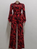 Red and Black Print Button Up Long Sleeve Jumpsuit with Belt