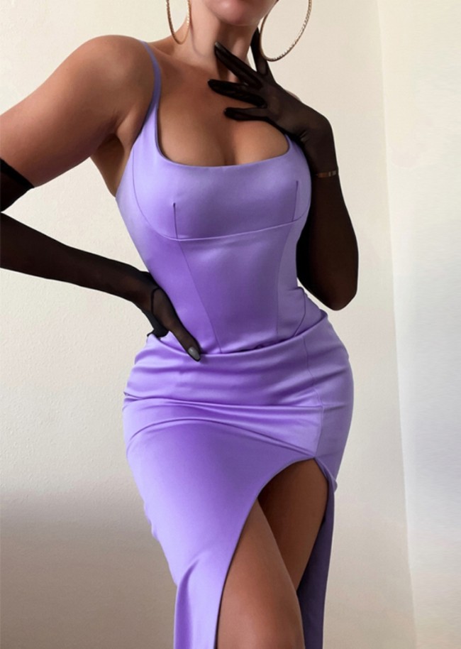 Purple Silk Cami Slit Tight Long Dress with Mesh Long Glove
