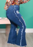 Plus Size Dk-Blue High Waist Ripped Distressed Fringe Bell Bottom Jeans