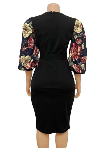 Flower Print Black Half Puff Sleeve O-Neck Midi Dress