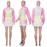 Contrast Color Long Sleeve Turndown Collar Crop Top and Mini Skirt 2PCS Set