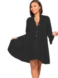 Black V-Neck Button Up Flare Long Sleeve Ruffles Blouse Dress