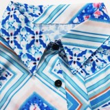 Blue Print Button Up Long Sleeves Blouse and Pants 2PCS Set