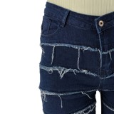 Plus Size Dk-Blue Low Waist Layered Fringe Slim Fit Jeans