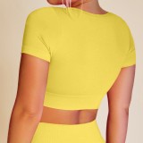 Yellow Short Sleeve O-Neck Bodycon Workout Active Sport Crop Top