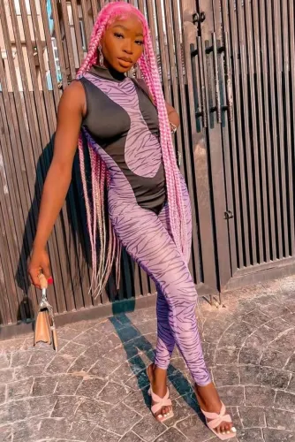 Purple Print Patch Mesh High Neck Sleeveless Bodycon Jumpsuit
