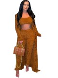 Brown Fuzzy Tank Crop Top and High Waist Pants with Maxi Button Coat