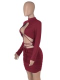 Red Lace Up Cut Out Long Sleeve Sheath Mini Dress