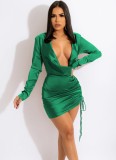 Green Silk Plunge Neck Ruched Sheath Mini Dress