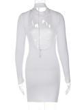 White Midi Neck Chain Backless Long Sleeve Sheath Mini Dress