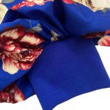 Flower Print Blue Half Puff Sleeve O-Neck Midi Dress
