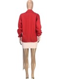 Red Color Block Deep-V Long Sleeves Shirring Blouse