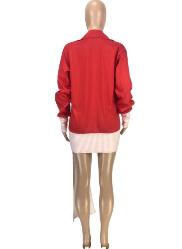 Red Color Block Deep-V Long Sleeves Shirring Blouse
