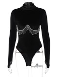 Black Velvet High Neck Fringe High Cut Long Sleeve Bodysuit with Half Gloves