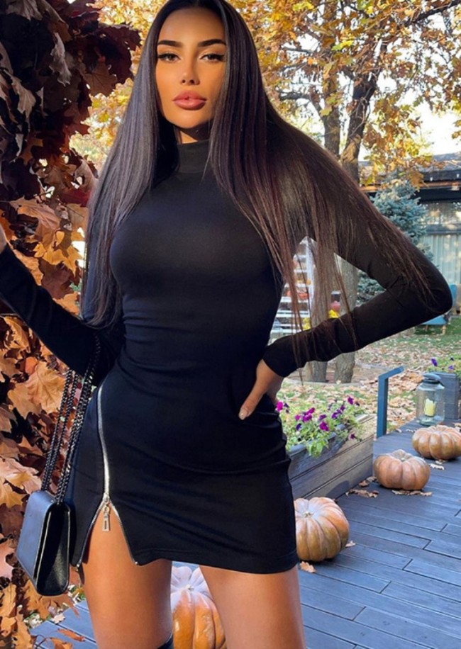 Black O-Neck Zipper Split Long Sleeve Sheath Mini Dress