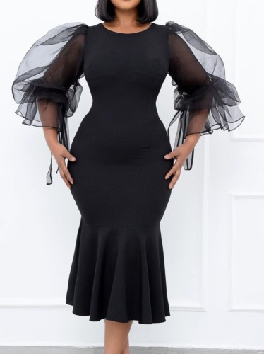 Plus Size Black Mesh Puff Sleeve O-Neck Tight Long Mermaid Dress