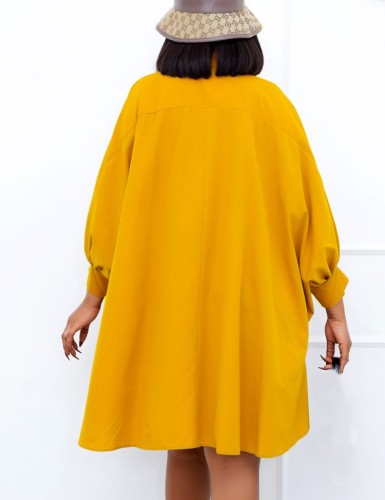 Plus Size Yellow Button Open Bat Long Sleeves Oversize Dress