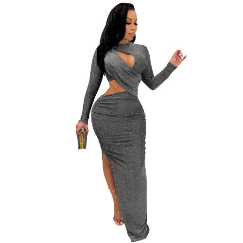 Silver Sexy Long Sleeve Cut Out Slit Evening Dress