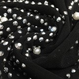 Crystal and Pearl Black See Through O-Neck Long Sleeve Midi Dress