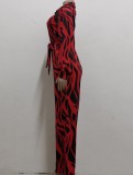 Red and Black Print Button Up Long Sleeve Jumpsuit with Belt