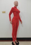 Red Hollow Out Turtleneck Tight Top and High Waist Pants 2PCS Set