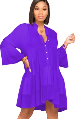 Purple V-Neck Button Up Flare Long Sleeve Ruffles Blouse Dress