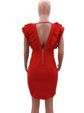 Red Deep-V Flounce Short Sleeve Slit Midi Dress