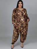 Plus Size Leopard Print V-Neck Long Sleeve Loose Baggy Jumpsuit