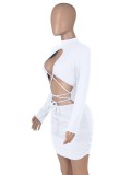 White Lace Up Cut Out Long Sleeve Sheath Mini Dress