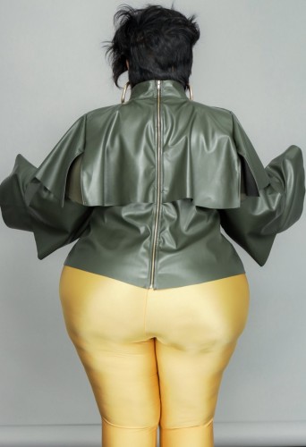 Plus Size Green Pu Leather High Neck Flounce Long Sleeve Shirt