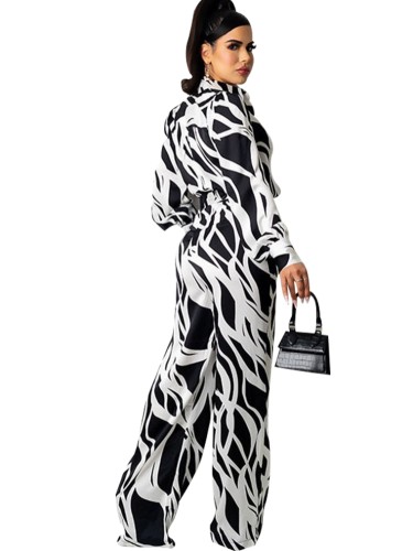 White and Black Print Button Up Long Sleeve Jumpsuit with Belt