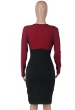 Red and Black Contrast O-Neck Lace Up Long Sleeve Tight Midi Dress