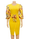 Flower Print Yellow Half Puff Sleeve O-Neck Midi Dress