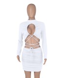 White Lace Up Cut Out Long Sleeve Sheath Mini Dress
