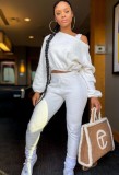 White Fleece Shoulder-exposed Long Sleeve Top And Pant 2PCS Set