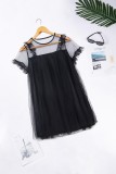 Black Mesh Short Sleeve O-Neck Wide Mini Dress